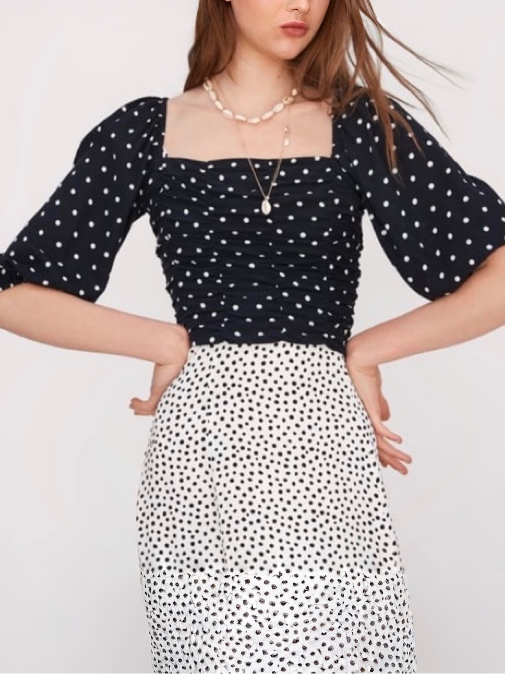 Zara Ruched Puff Sleeve  Polka Dot Crop Top | Black / White | Small